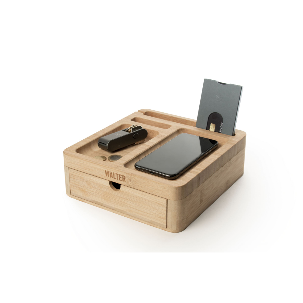 Organizzatore per scrivania in bambù con caricabatterie wireless per telefono - Sorano