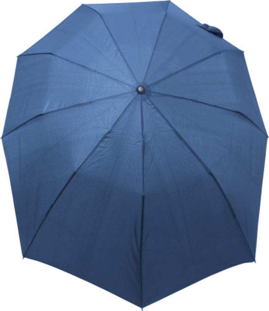 Pongee (190T) automatischer Regenschirm mit neun Paneelen. Die Rückseite des Regenschirms ist verlängert, um einen Rucksack trocken zu halten. Metall- und Fiberglasrahmen und Kunststoffgriff. Sturmsicher. - Grünbach am Schneeberg