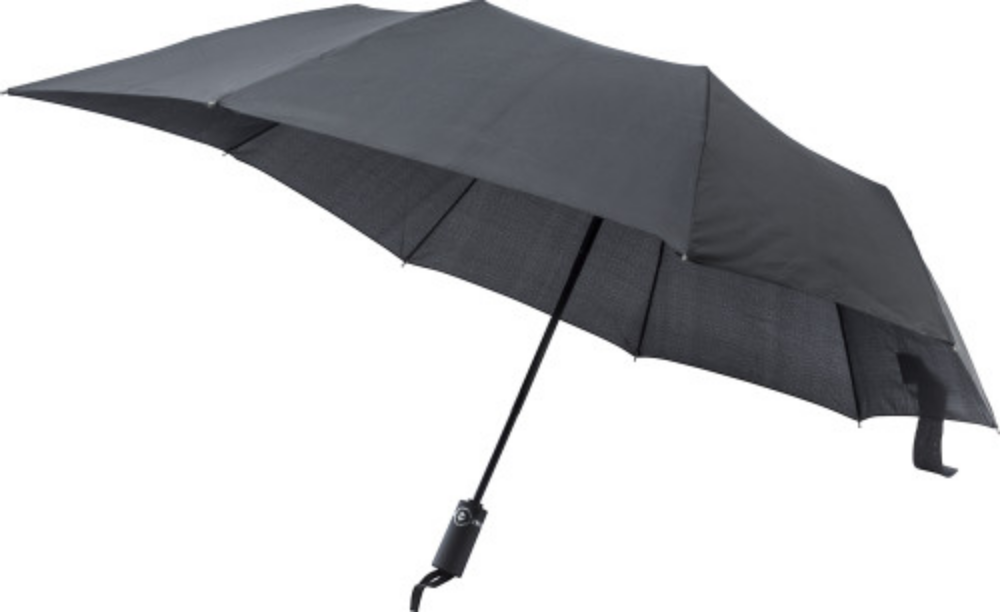 Pongee (190T) automatischer Regenschirm mit neun Paneelen. Die Rückseite des Regenschirms ist verlängert, um einen Rucksack trocken zu halten. Metall- und Fiberglasrahmen und Kunststoffgriff. Sturmsicher. - Grünbach am Schneeberg