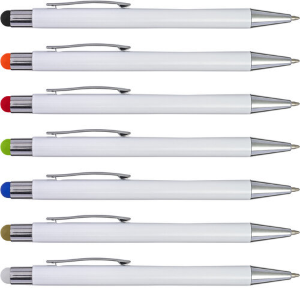 Kugelschreiber aus Aluminium und ABS mit Gummispitze für kapazitive Bildschirme. Wenn der Stift gelasert wird, erscheint der Aufdruck in Farbe. Blaue Tinte - Guglitz
