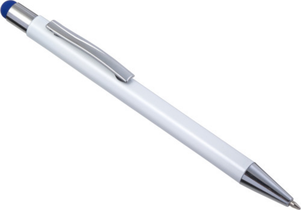 This is an aluminum and ABS ballpoint pen with a rubber tip that can be used on capacitive screens. When the pen is lasered, the imprint will emerge in full color. The color of the ink is blue - Little Gidding. - Portswood