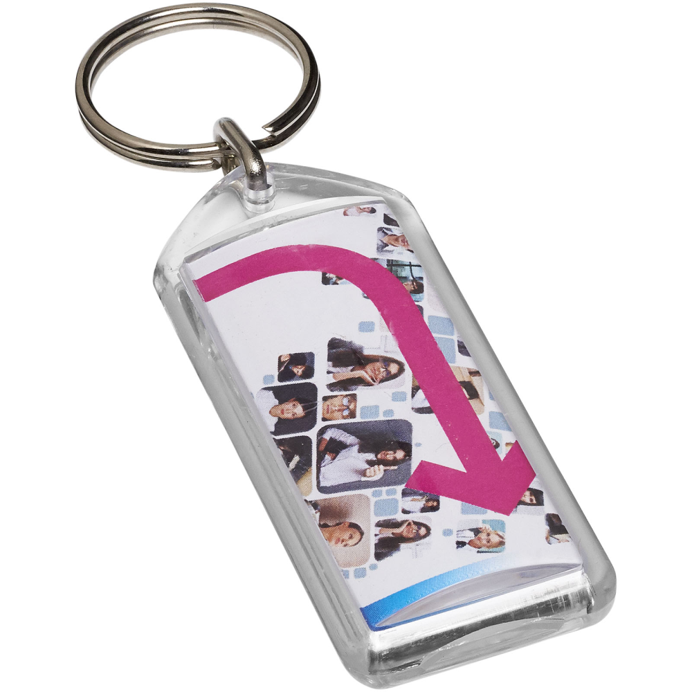 A transparent rectangular keychain with a metal split keyring from Hartington - Banwell