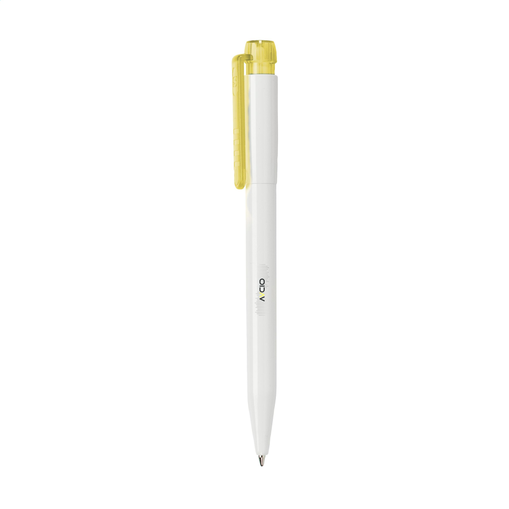 This is a ballpoint pen with blue ink. It features a translucent colored clip and a push button. This pen is made in Italy and is part of the Little Gidding collection. - Duckinfield
