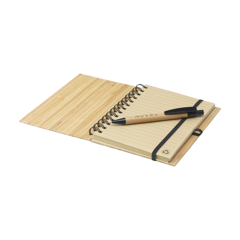 An eco-friendly notebook made from bamboo that comes with a matching bamboo ballpoint pen with blue ink - Brierley