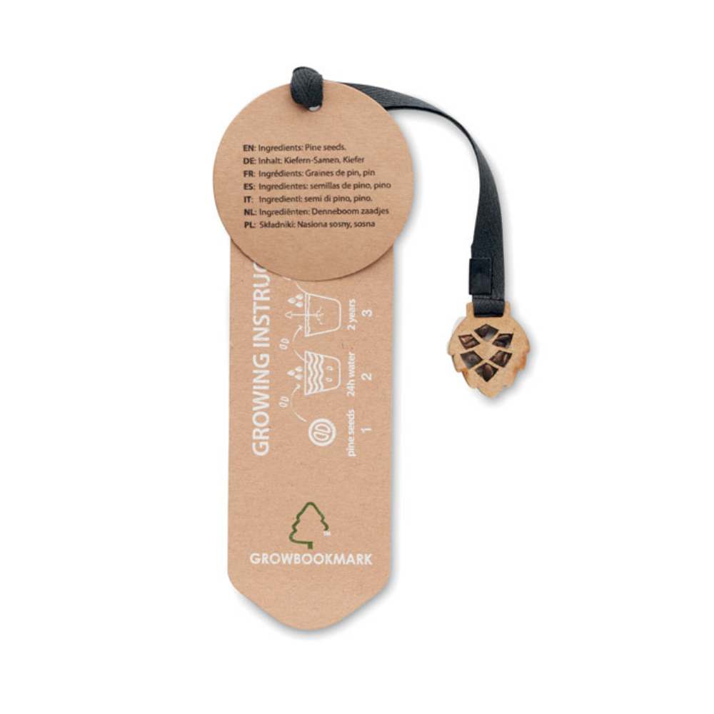 An environmentally friendly paper bookmark embedded with pine seeds and a cotton rope. - Battersby