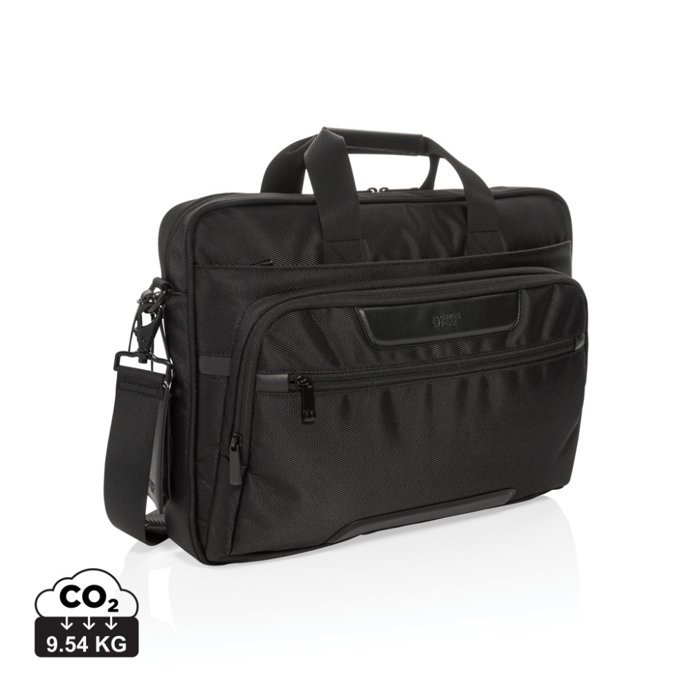 Elegante borsa per laptop in poliestere 1680D RPET con uscita USB e tasche RFID - Marradi