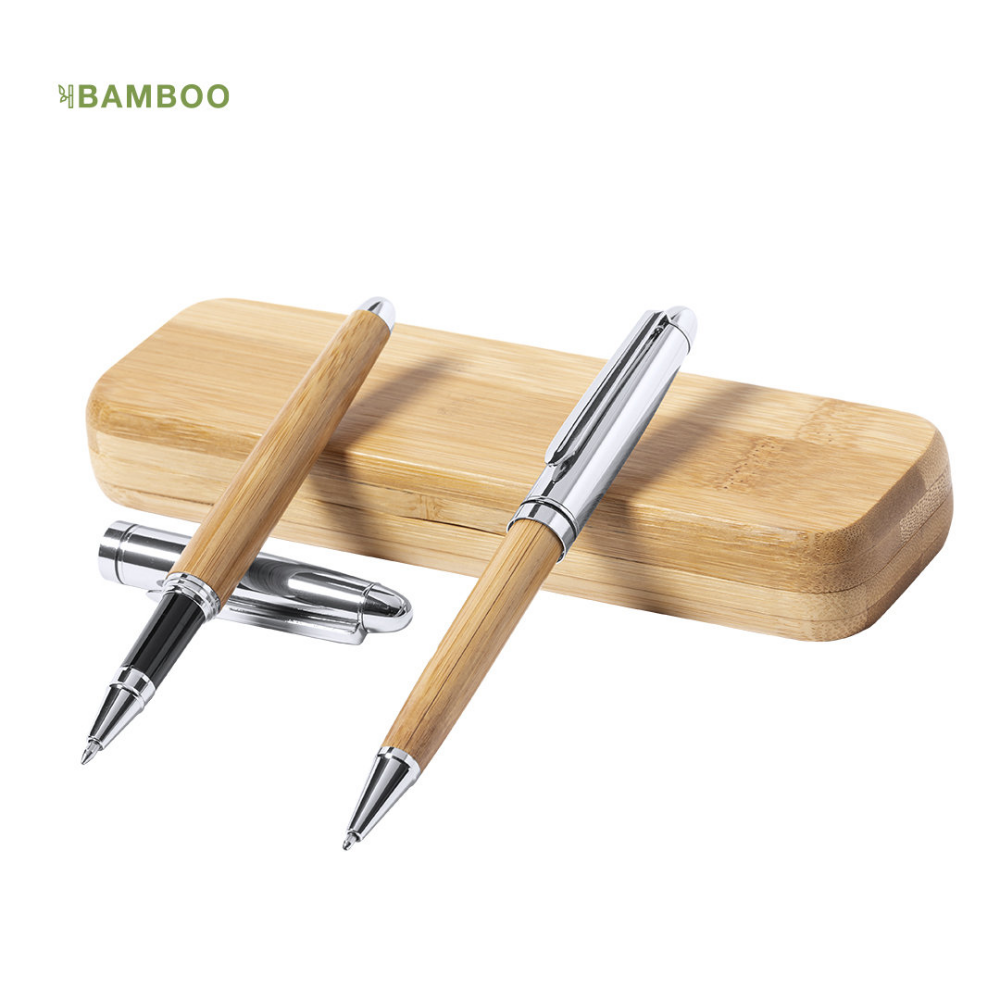 Set of Nature Line Bamboo and Metal Ballpoint Pen and Rollerball Pen - Johnson Fold
