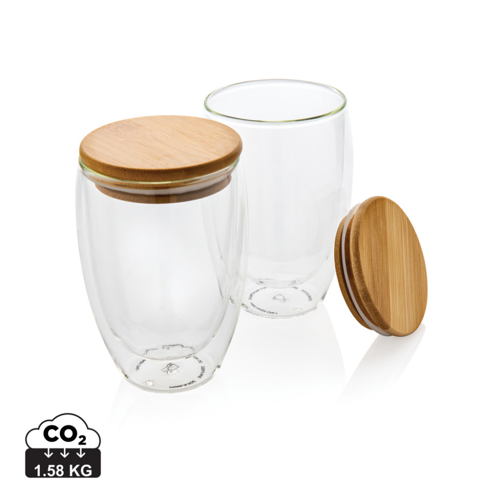 Set di bicchieri di vetro borosilicato a doppia parete con coperchio in bambù - Calcinato