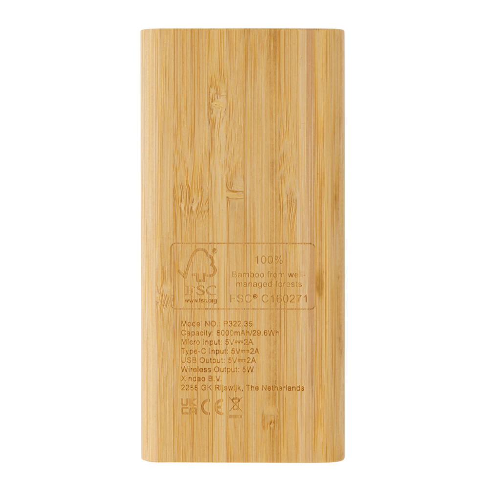 Powerbank with a bamboo case and a capacity of 8000 mah, also includes wireless charging - Marston Green