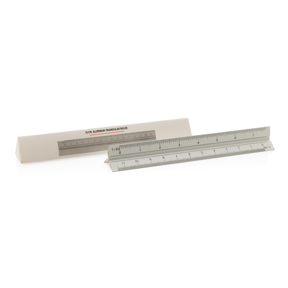 A pocket-sized ruler made of aluminium with 5 different measurement scales. - Derry