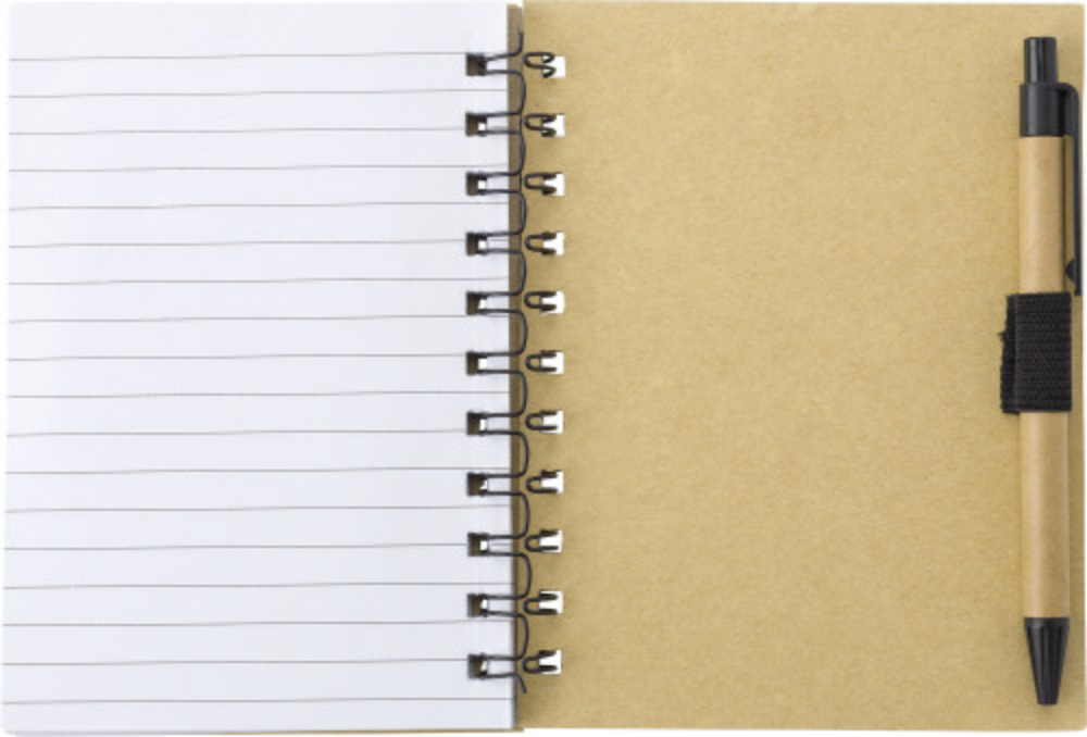 A wire-bound notebook designed with a bamboo look. It also includes sticky notes and a ballpen. - Fraserburgh