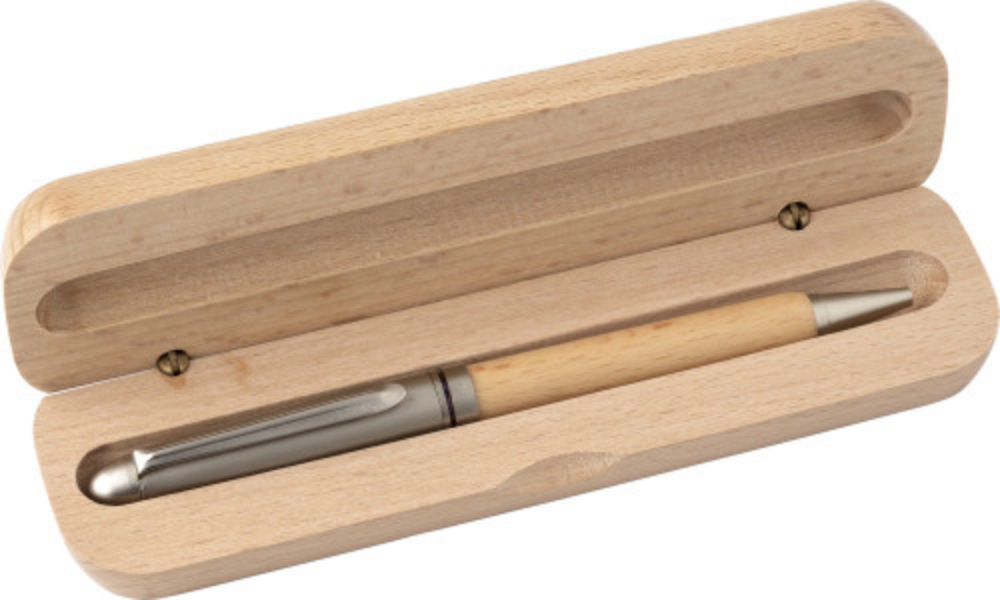 A pen made of beechwood and metal, accompanied by a case for storage - Girvan