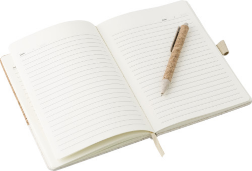 A notebook made of cork and linen, accompanied by a pen set made of cork and wheat straw. - Bromborough
