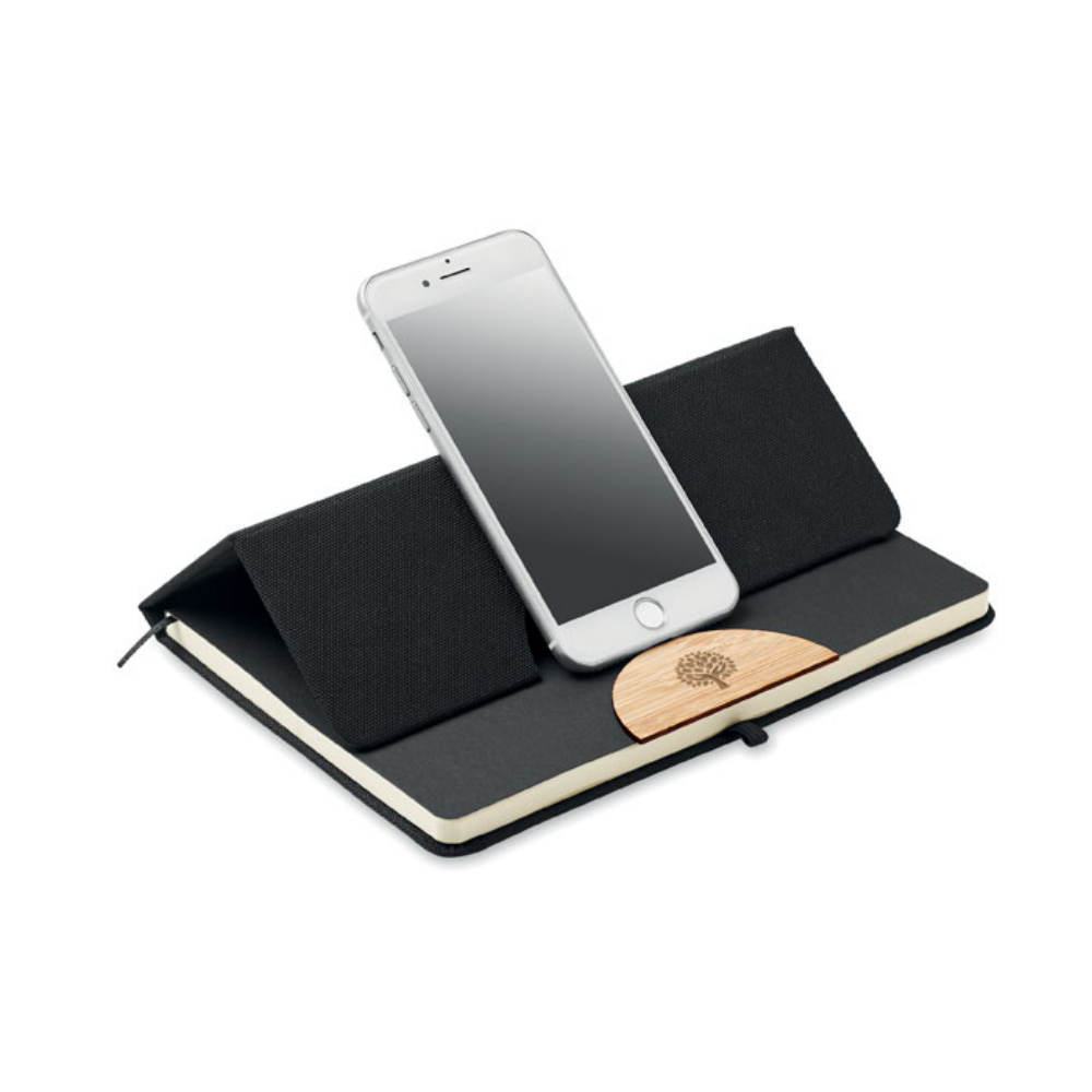 A5 RPET Hardcover Notebook with Smartphone Stand and Bamboo Detail - Abbots Leigh
