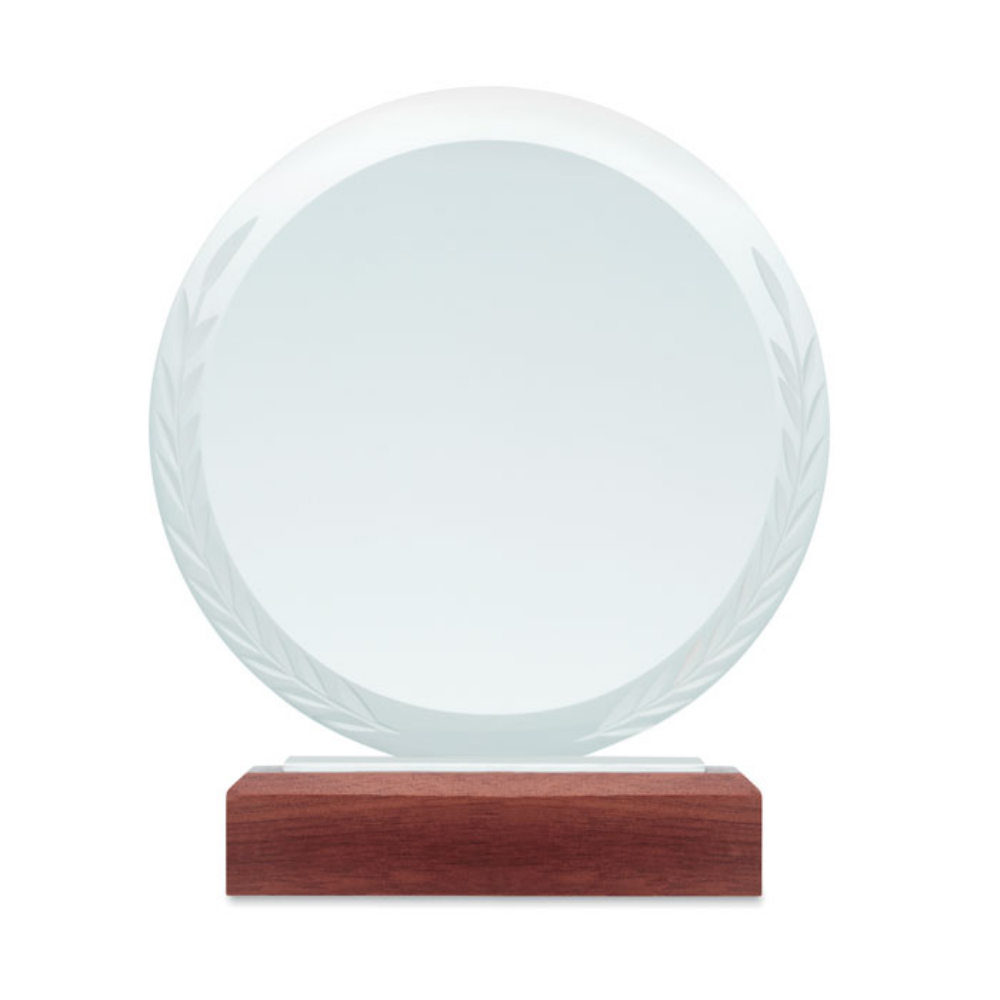Premio rotondo in cristallo con base in legno di faggio - Ornica