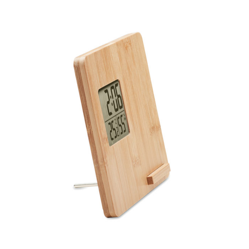 Caricabatterie wireless in bambù con display per ora, temperatura e umidità - Campospinoso