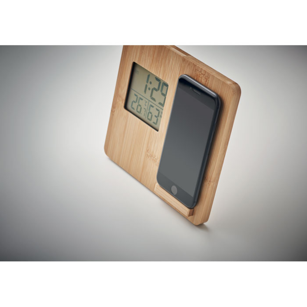 Caricabatterie wireless in bambù con display per ora, temperatura e umidità - Campospinoso