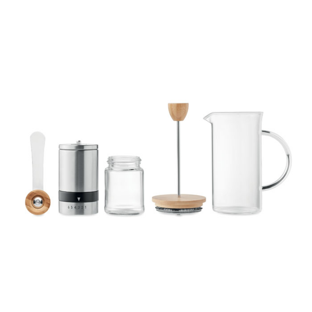 Coffee set made of glass and stainless steel, accompanied by a manual ceramic coffee grinder - Fleckney