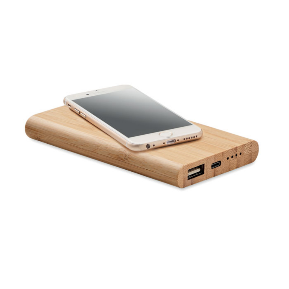 A Power Bank with a capacity of 4000mAh, enclosed in a bamboo case. Comes with a USB Type C cable. - Verwood