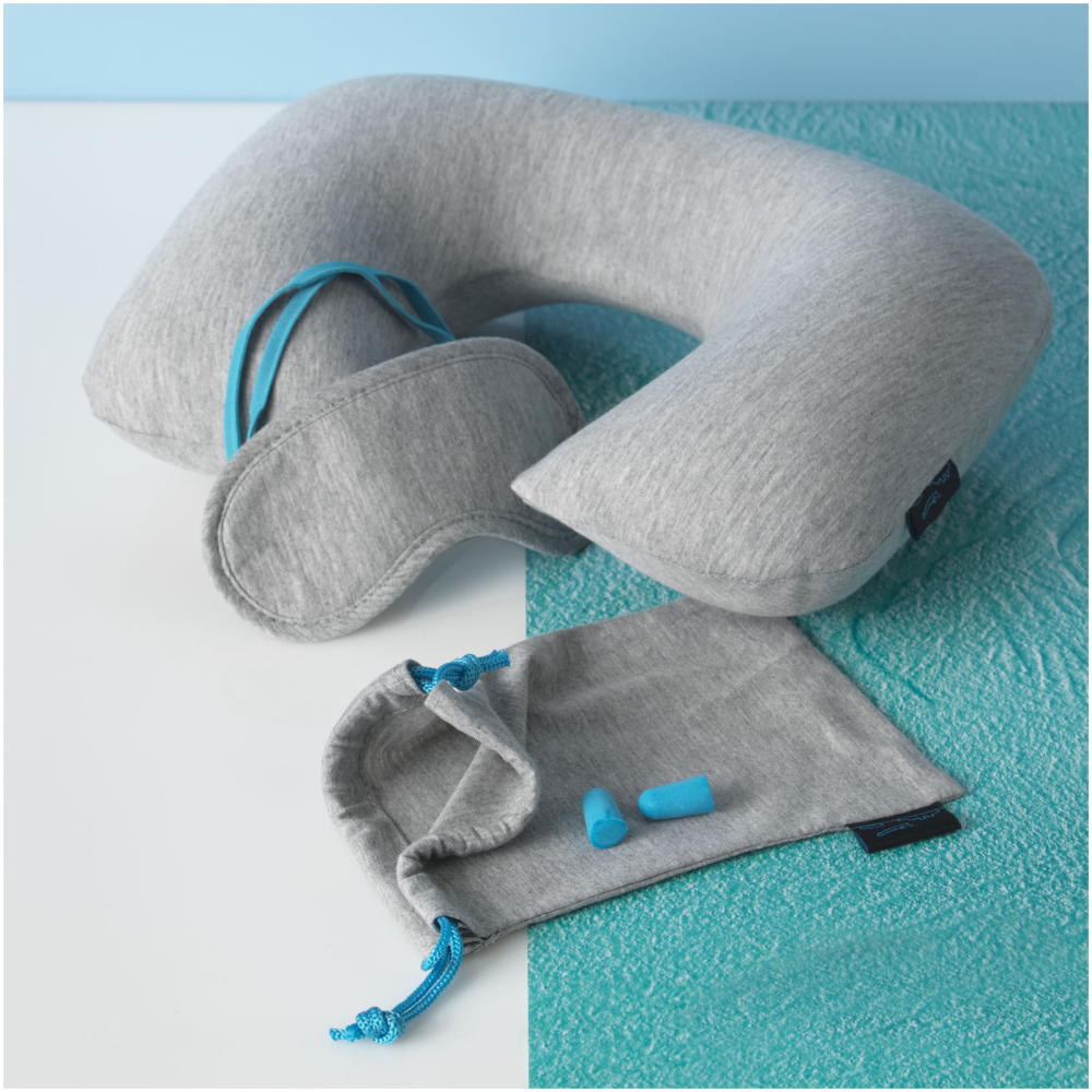 Conjunto de viaje suave con almohada inflable para el cuello, antifaz, tapones para los oídos y estuche - Villardompardo