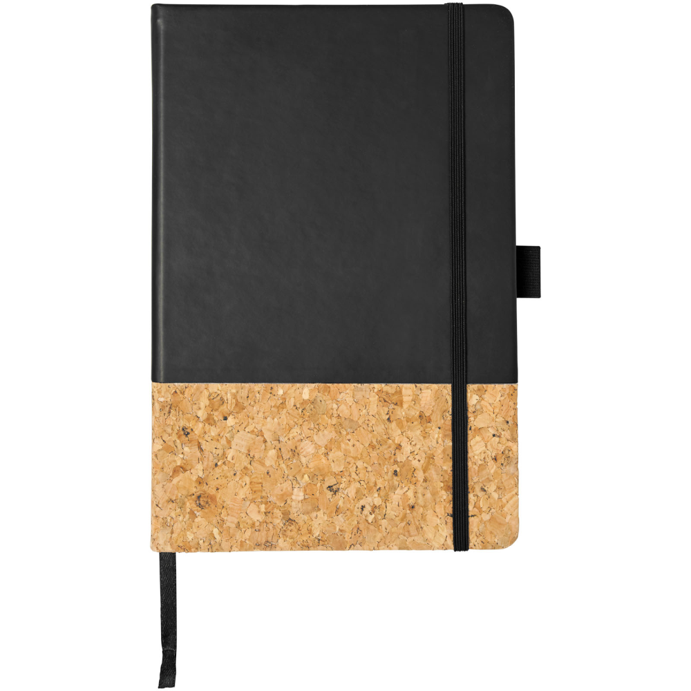 This is an elegant A5-sized notebook with a sturdy hardcover. The lower part of the cover is made of Polyurethane (PU), giving it a sophisticated look and a durable finish. - Daventry