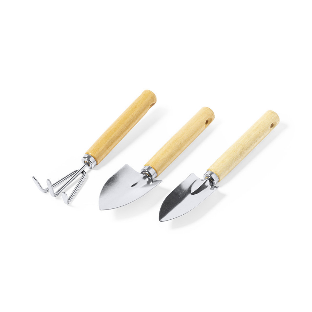 Set de herramientas de jardinería de metal de 3 piezas con mangos de madera y bolsa de algodón - Bergondo