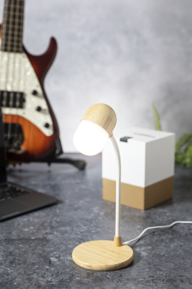 Lampada Multifunzione in Bamboo con Caricabatterie Wireless e Altoparlante Bluetooth - Legnano