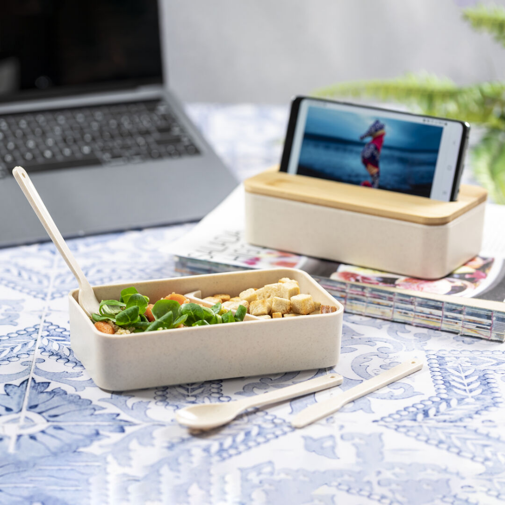 Scatola per il pranzo con coperchio in bambù e porta smartphone - Trigolo