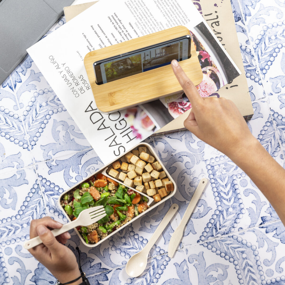 Scatola per il pranzo con coperchio in bambù e porta smartphone - Trigolo