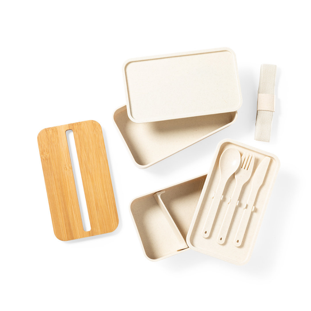 Lunch box with bamboo lid that includes a smartphone holder - Nairn