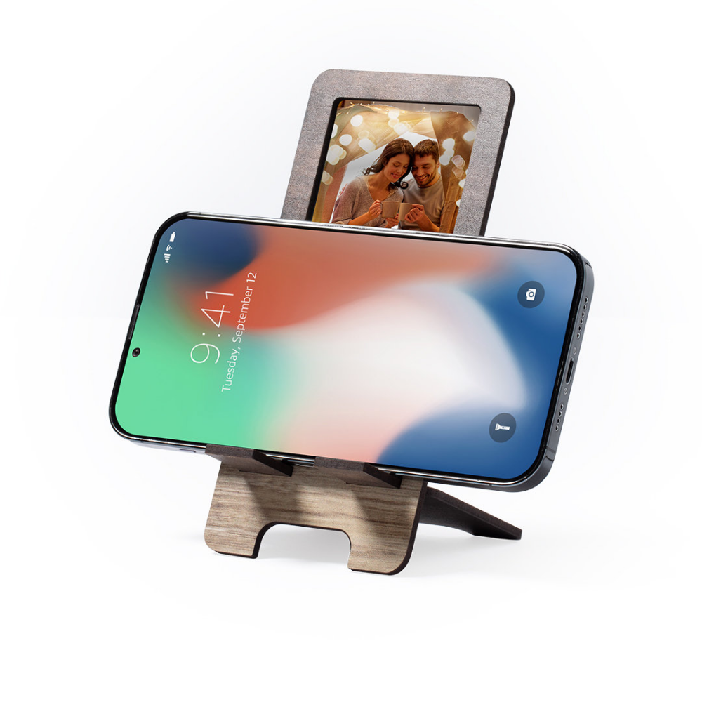 A smartphone holder made of two-tone wood, with an integrated photo frame - Ightham