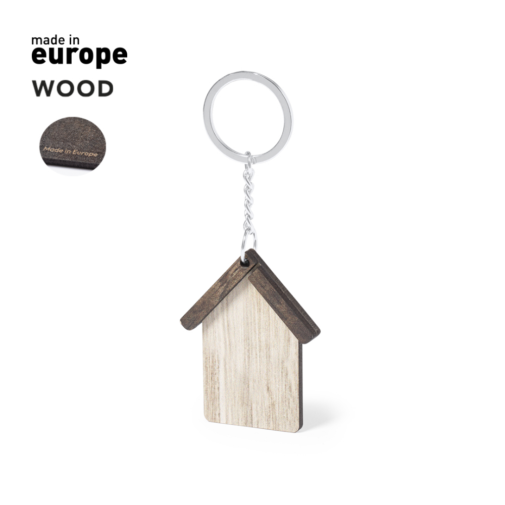 A wooden keychain featuring a two-toned design in the shape of a house. - Isle of Man