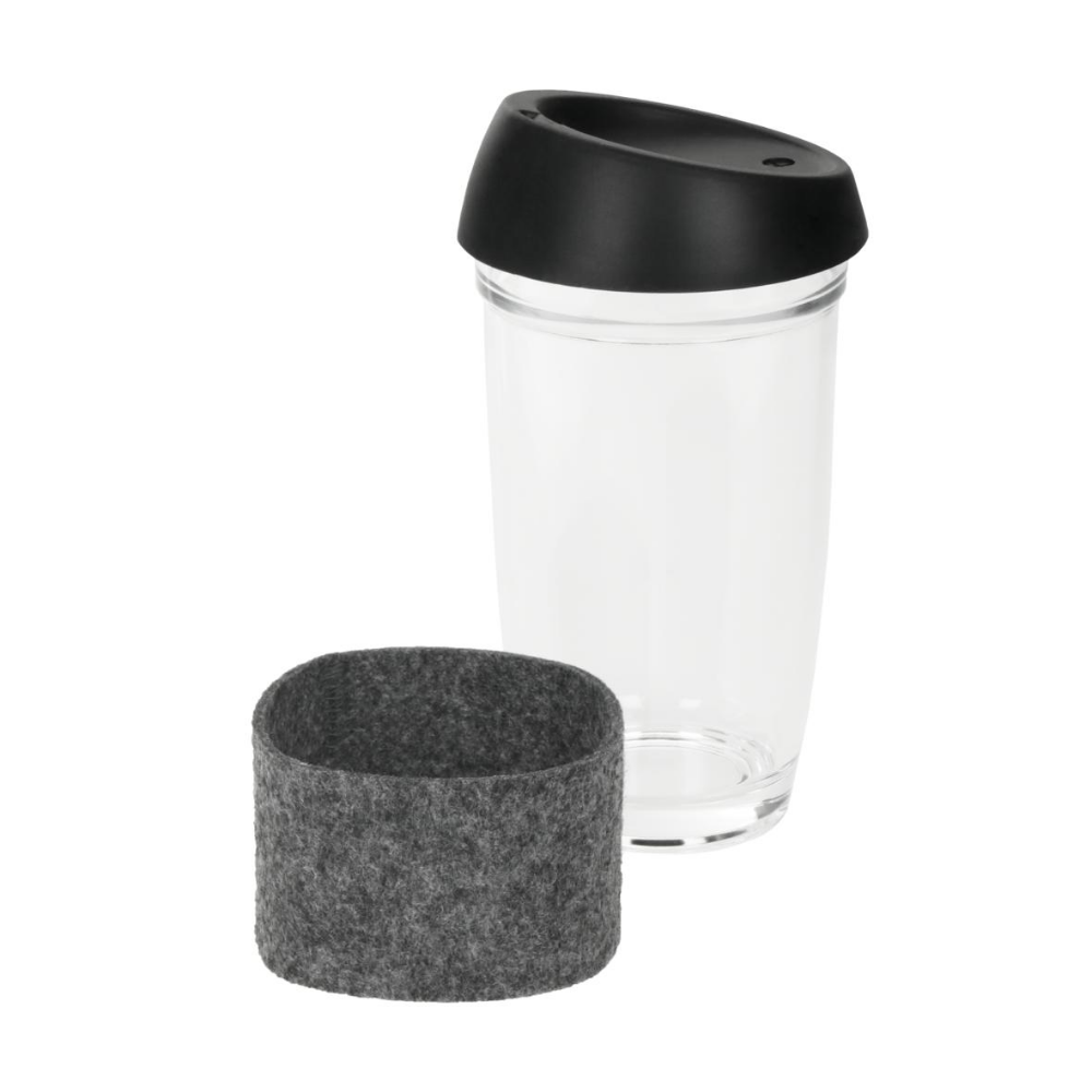 Borosilikatglas Kaffeetasse mit Silikondeckel und Filzhülle - Bad Brückenau 
