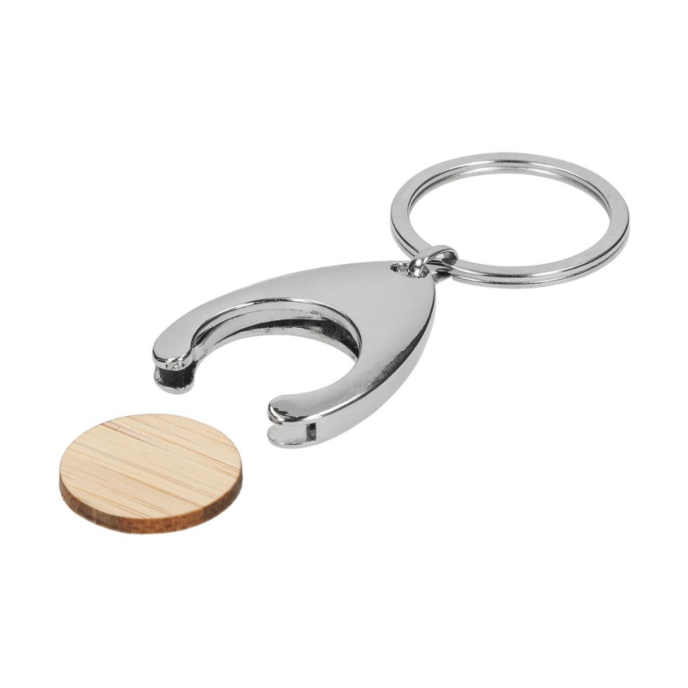 Attractive metal keychain equipped with an integrated bamboo trolley token (Ø 24 mm). Keyring is included - Little Snoring - Kirkcaldy