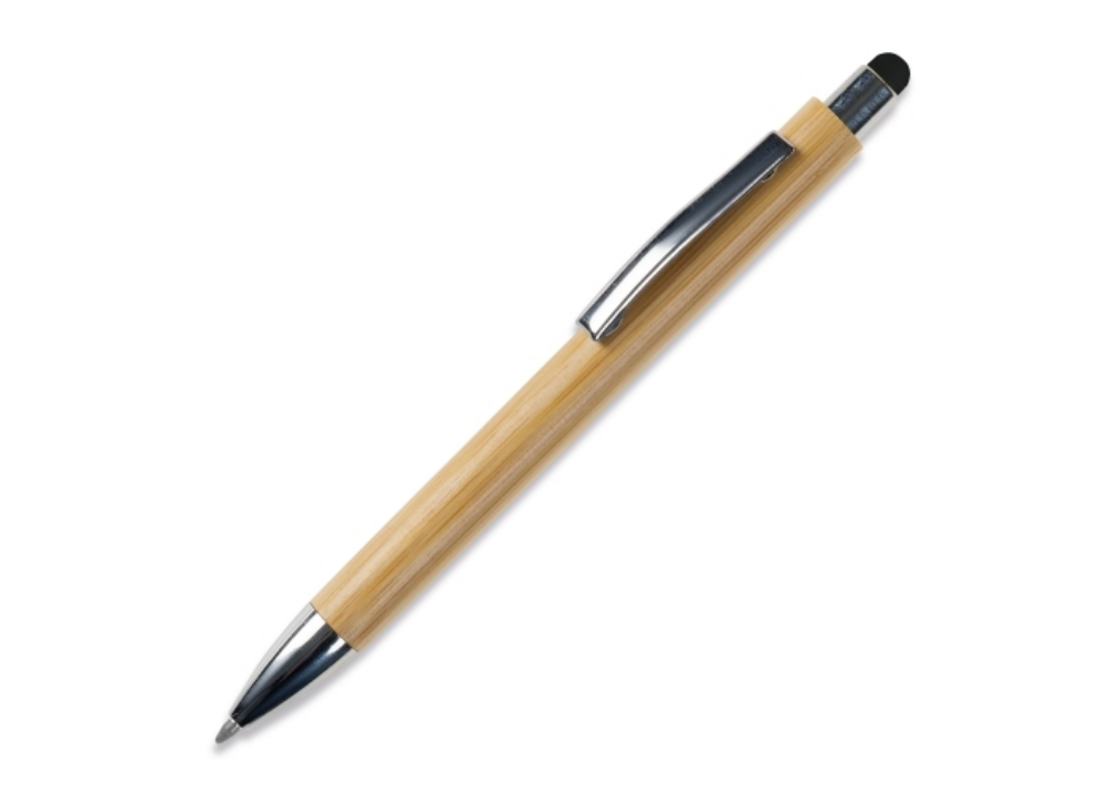 A ballpoint pen made out of bamboo material that features a metalized pusher and a touchscreen stylus - Didsbury