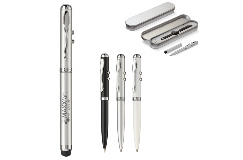 This is a 4-in-1 metal ball pen that comes with a laser pointer, stylus and LED light. - Ilton