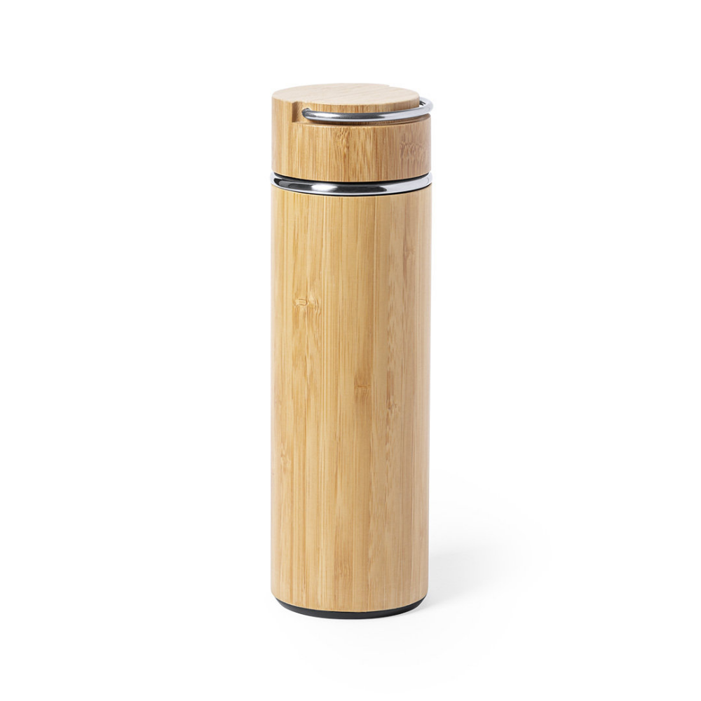 Thermal bottle with infuser and a bamboo finish, featuring double wall construction for insulation - Challock