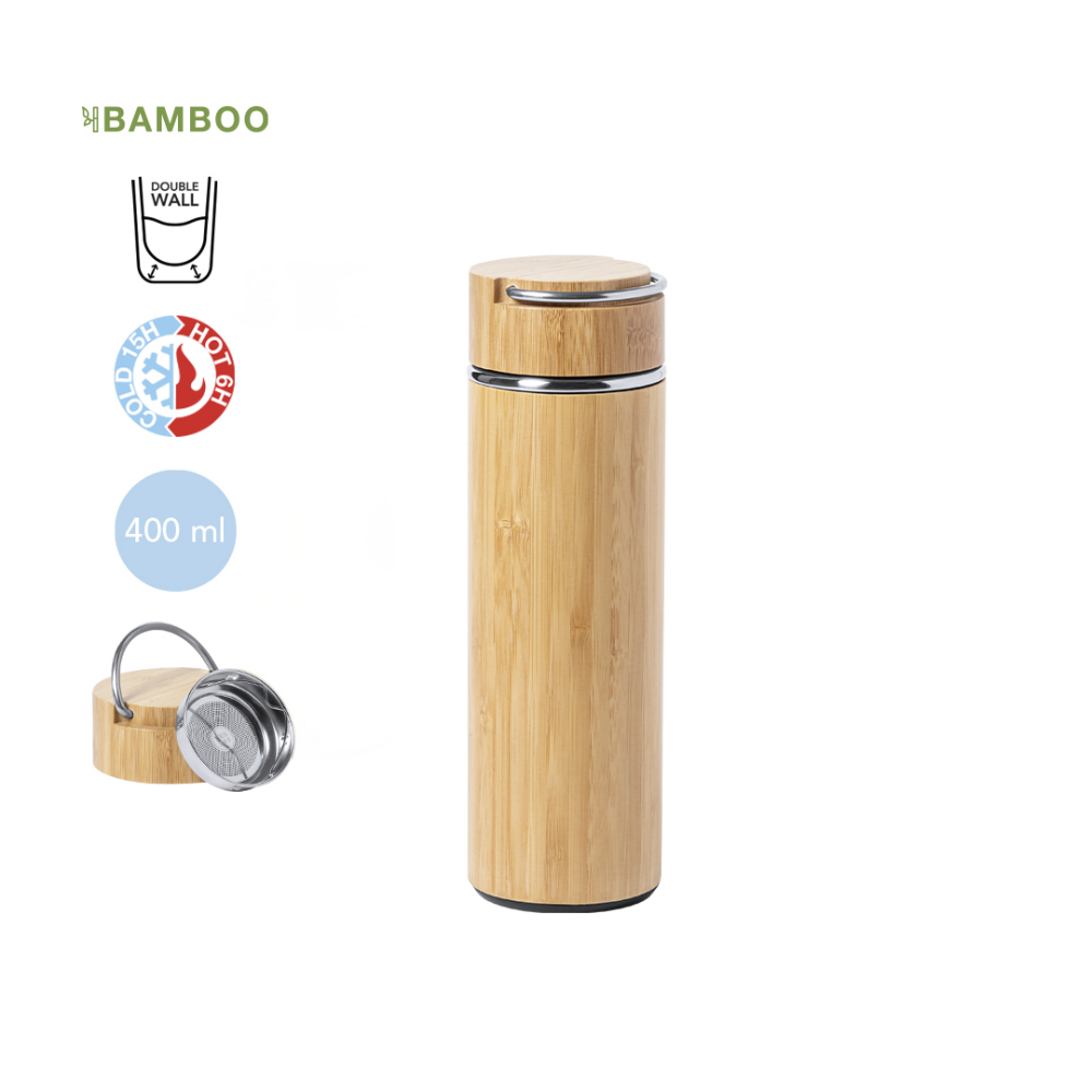 Botella Térmica de Doble Pared con Acabado de Bambú e Infusor - Benamocarra