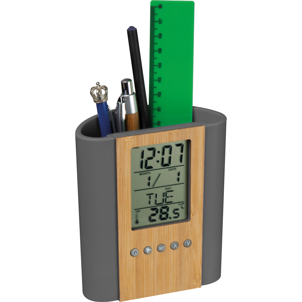 Porte-stylo multifonctions en bambou et horloge de bureau - Saint-Pierre-la-Cour