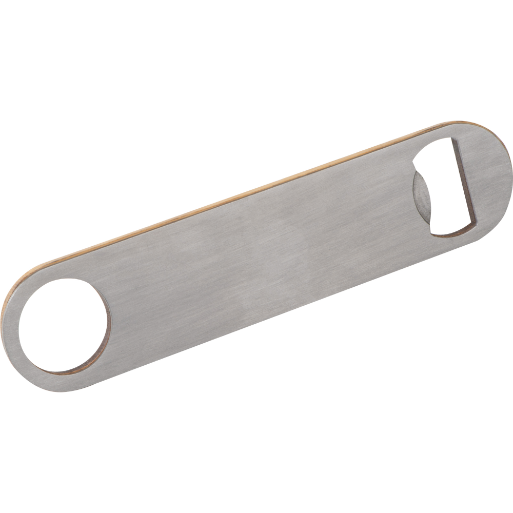 A bottle opener that is constructed from steel and bamboo - Crawshawbooth
