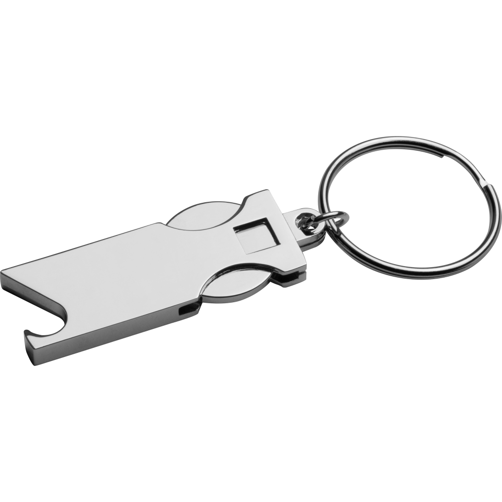 Porte-clés en métal gravé avec pièce pour caddie et décapsuleur - Bourg-en-Bresse