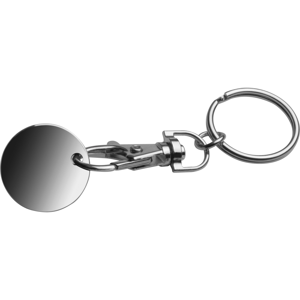 A metal keyring featuring a logo engraving, snap hook, and shopping coin - Llanfairpwllgwyngyllgogerychwyrndrobwllllantysiliogogogoch - Fowey