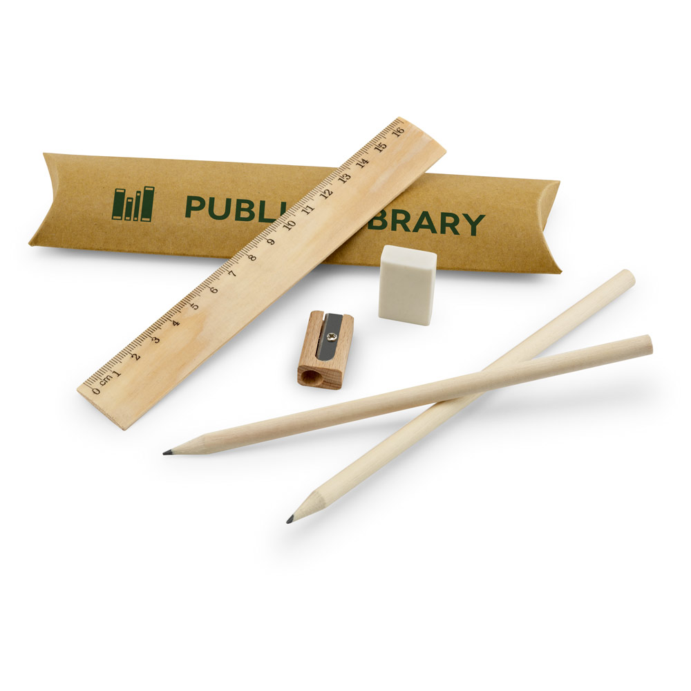 Schreibset mit Lineal, Bleistiften, Gummi, Spitzer und Kraftpapier-Etui - Gmünd