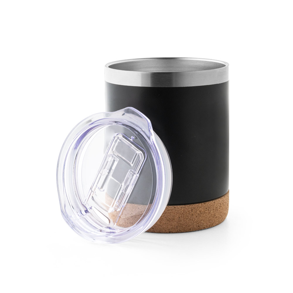 A travel mug made of stainless steel and featuring a cork base - Ince-in-Makerfield