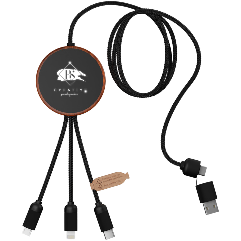 Câble de charge avec logo lumineux 5-en-1 en PET recyclé et pad de charge en bambou de 10W - Le Fossat