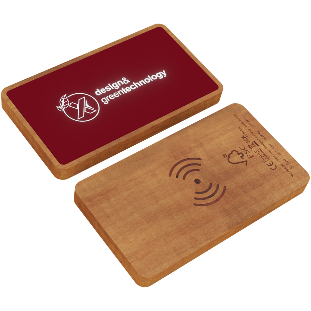 Eco-Friendly Wooden Power Bank with Wireless Charging and Illuminated Logo - Carlisle