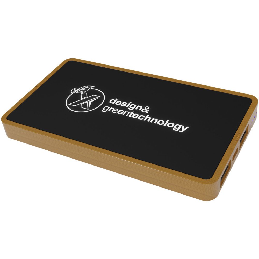 An antibacterial wood power bank that features a logo that lights up - Thurso