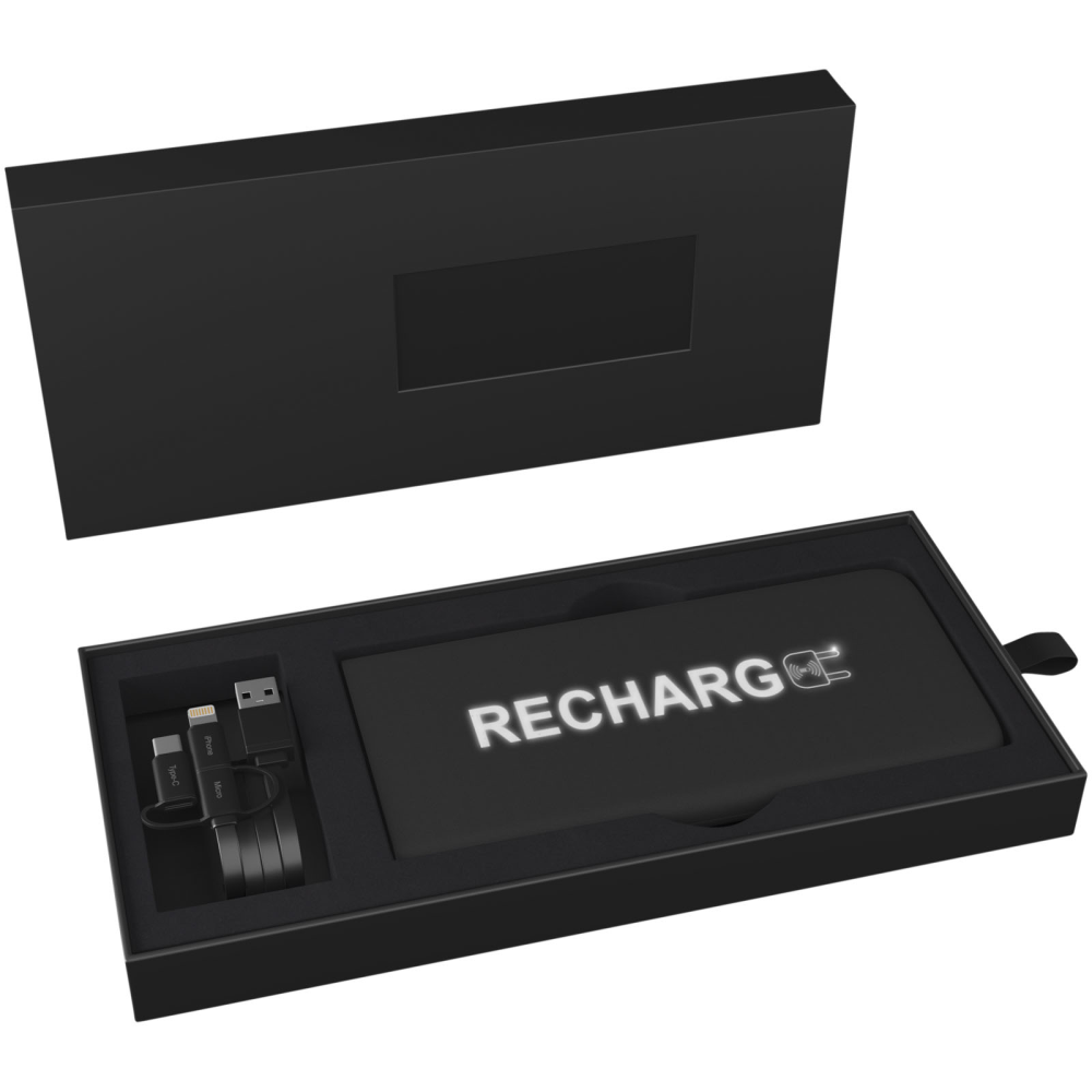 An ultra-thin power bank with a light-up logo and a 3-in-1 cable made of recycled PET plastic - Kirkby
