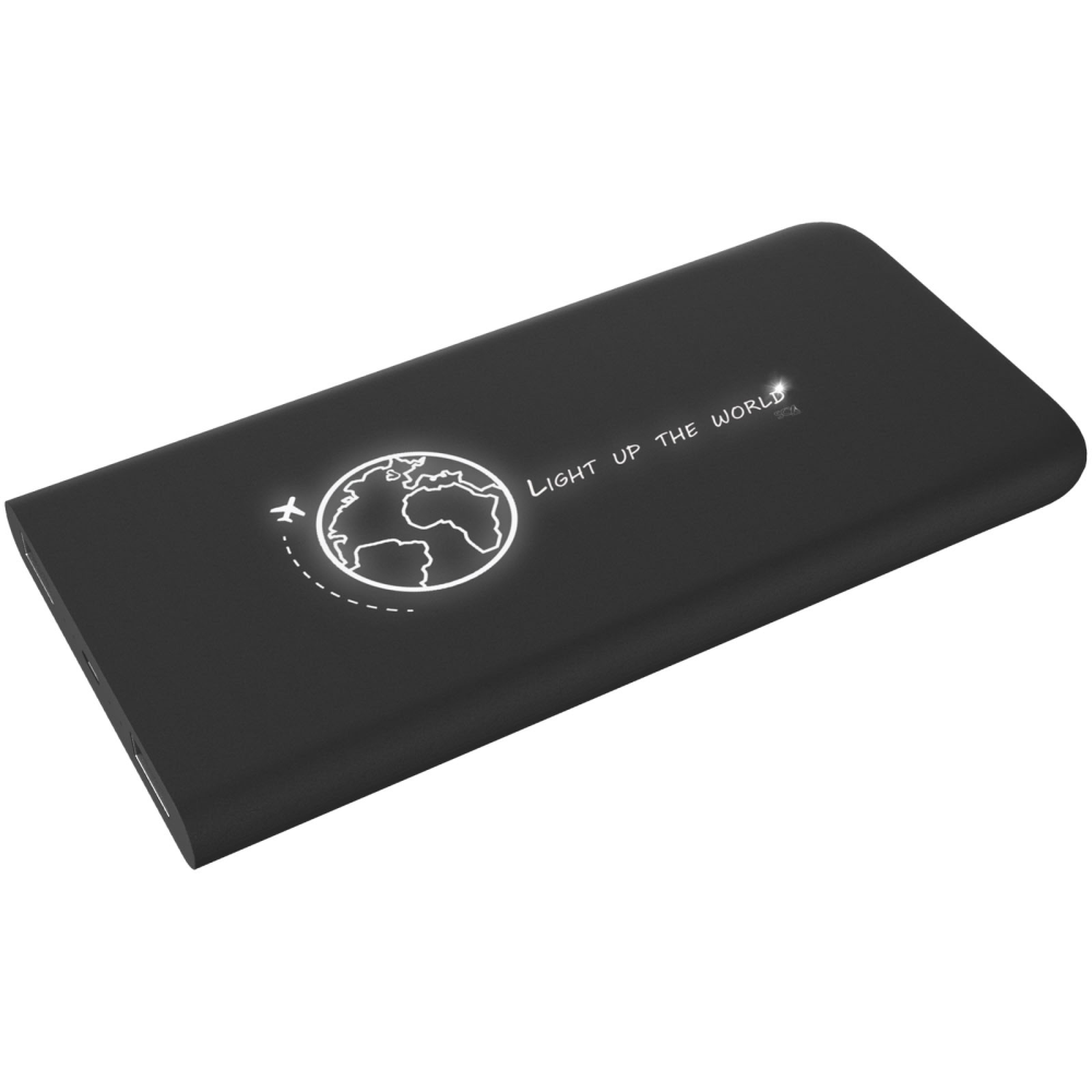 A 5000mAh wireless power bank that features a light-up logo. It comes with a 3-in-1 cable made of recycled PET plastic and is treated with an antibacterial coating. - Gatwick