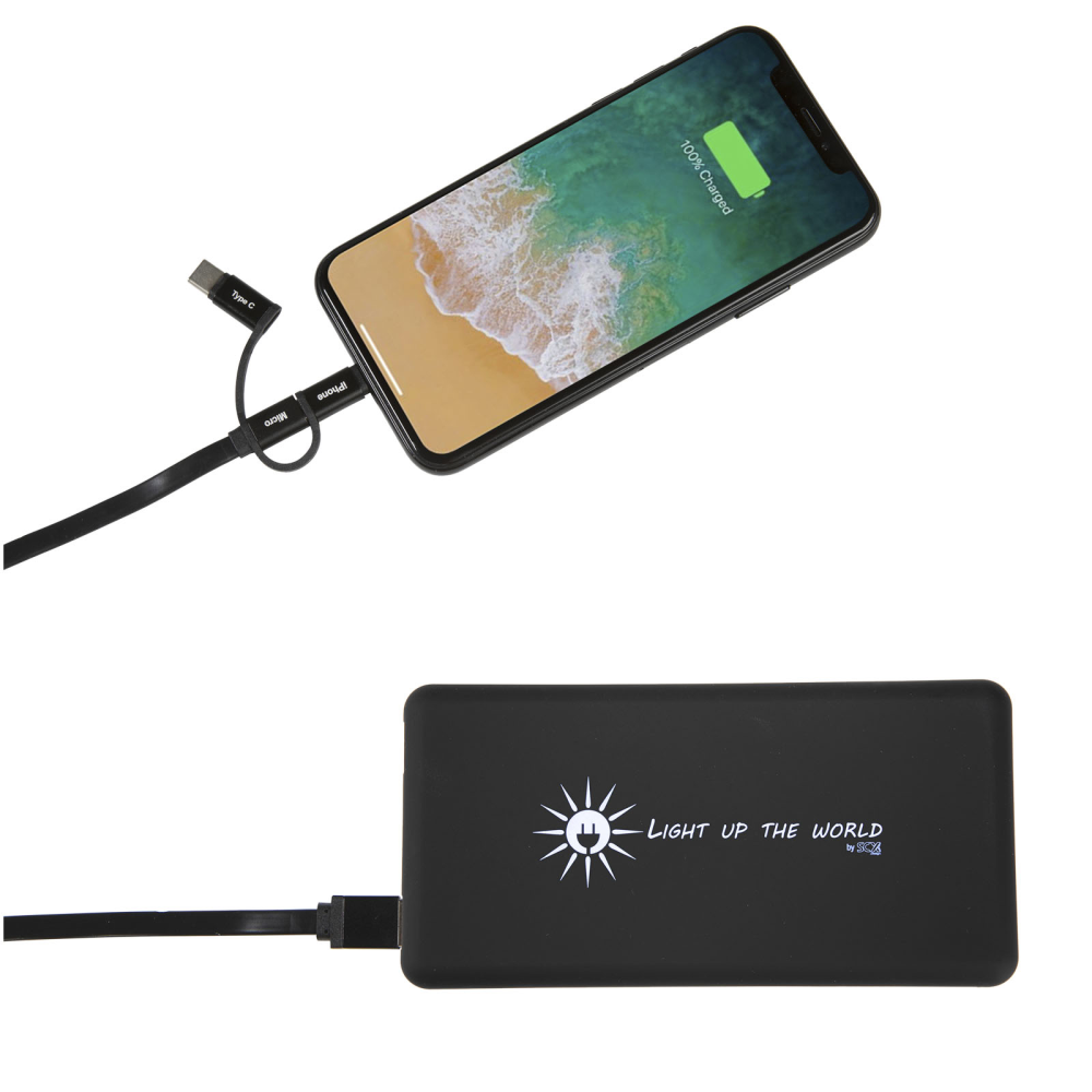 A solar power bank with an in-built light that also includes a 3-in-1 recycled PET cable - Mirfield
